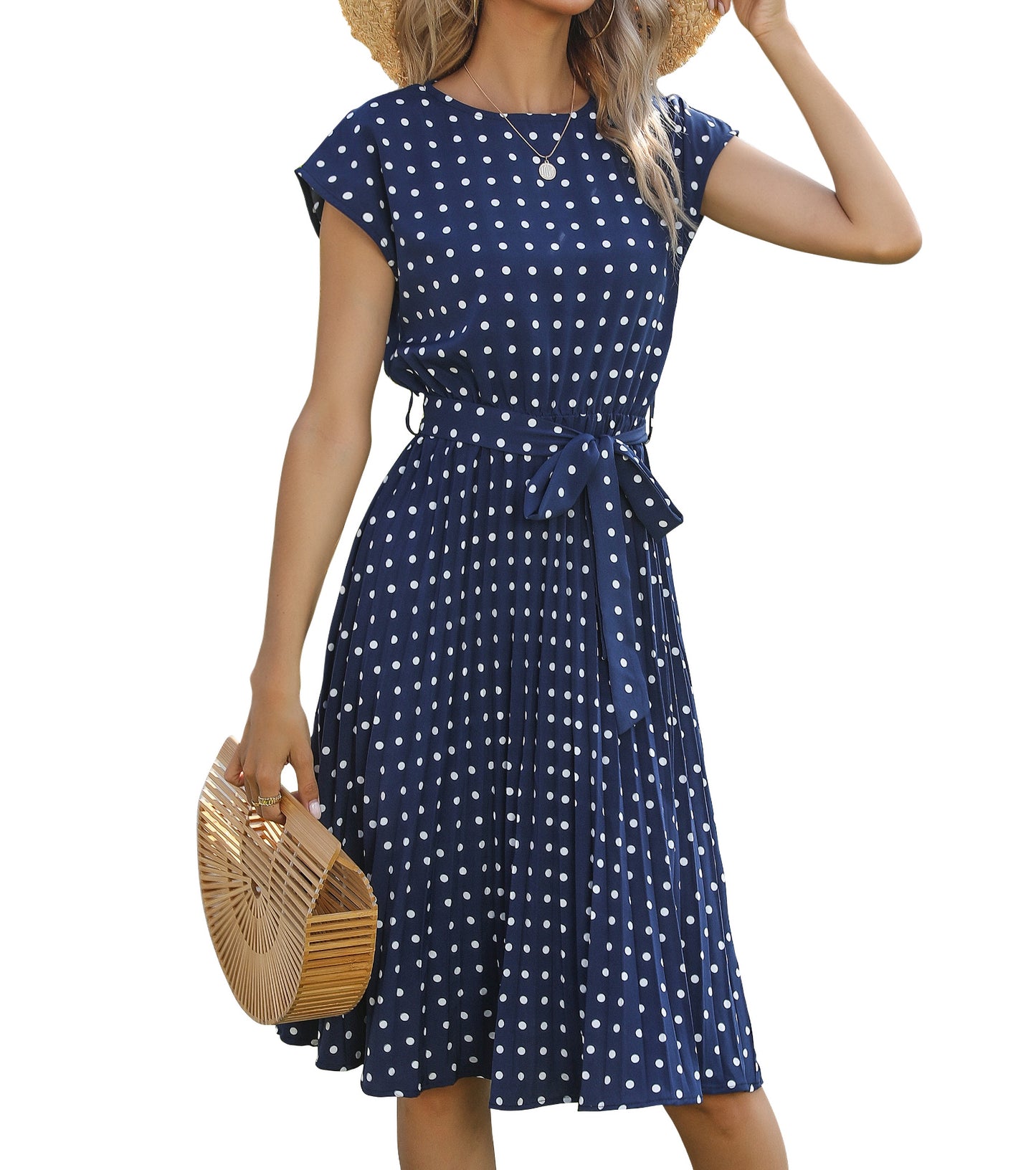 Women Spring Summer Dresses, Smocked Crew Neck Cap Sleeve Sundress, Holiday Party Midi Dress
