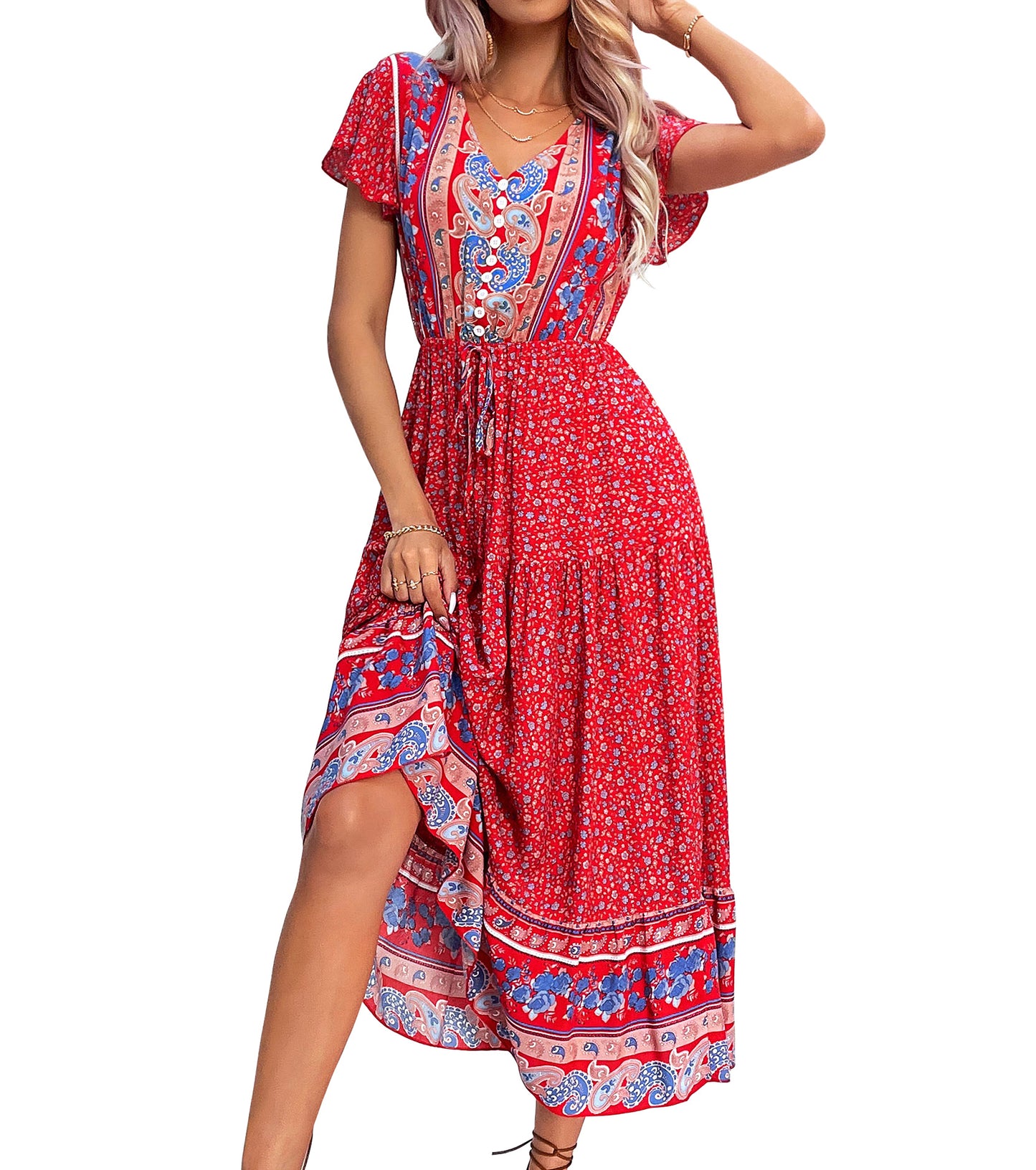 Women Summer Boho Dresses, Floral V Neck Corset Sundress, Wedding Guest Party Short Sleeve Prom Midi Dress