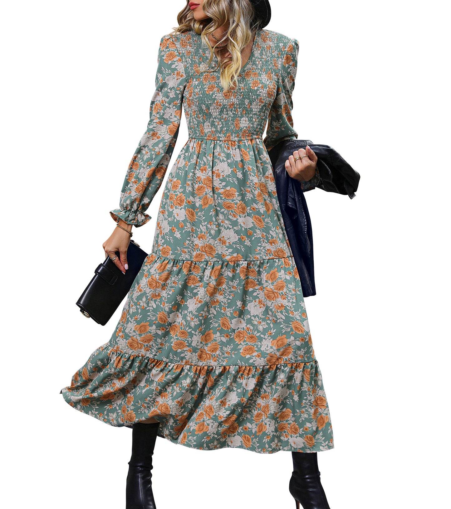 Women Spring Fall Long Dresses, Casual Floral Sexy V Neck Maxi Dress, Wedding Guest Party Engagement Bodycon Dress