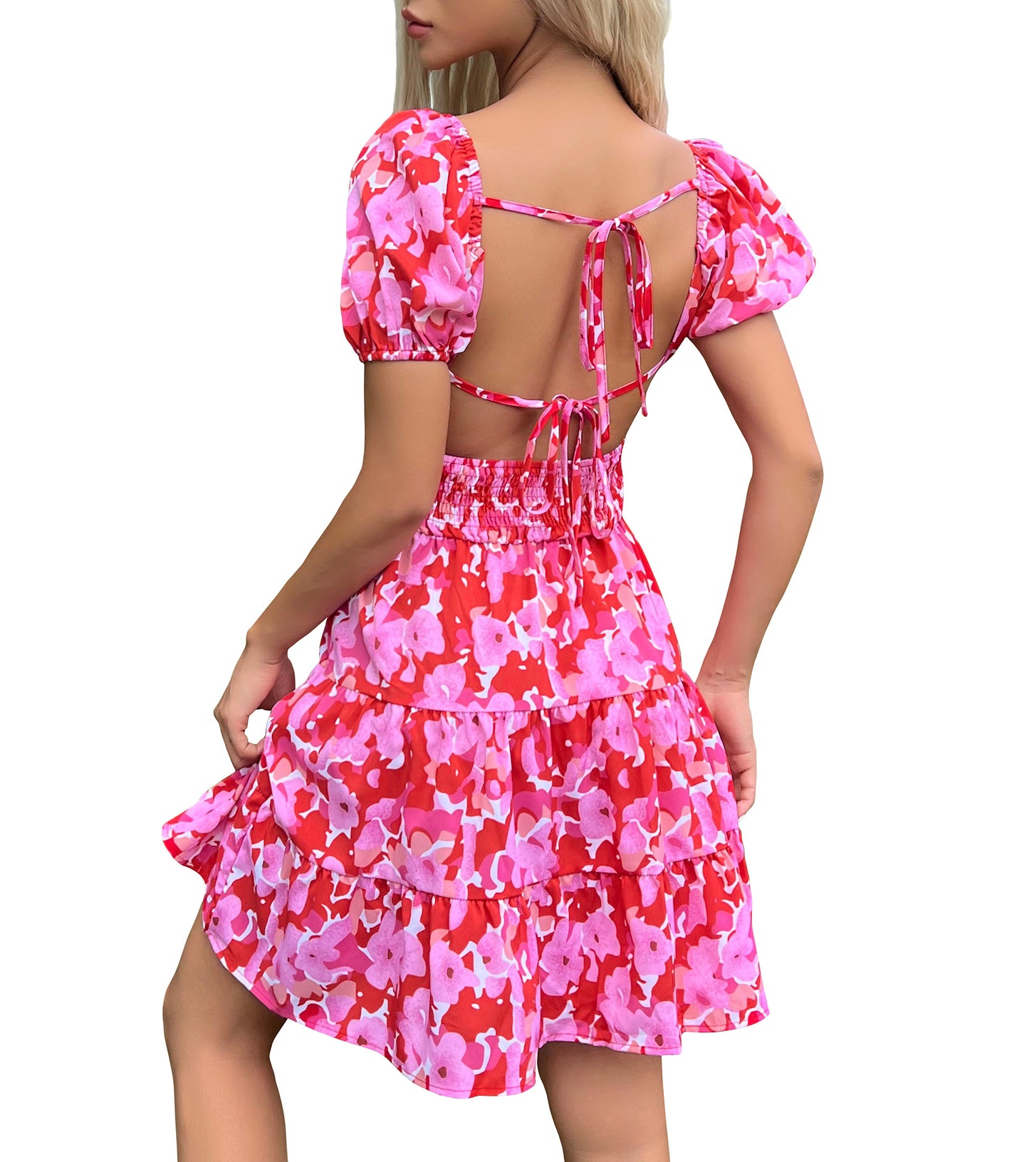 Women Summer Dresses, Floral Sweetheart Neckline Sundress, Wedding Guest Cocktail Party Bodycon Puff Sleeve Dress