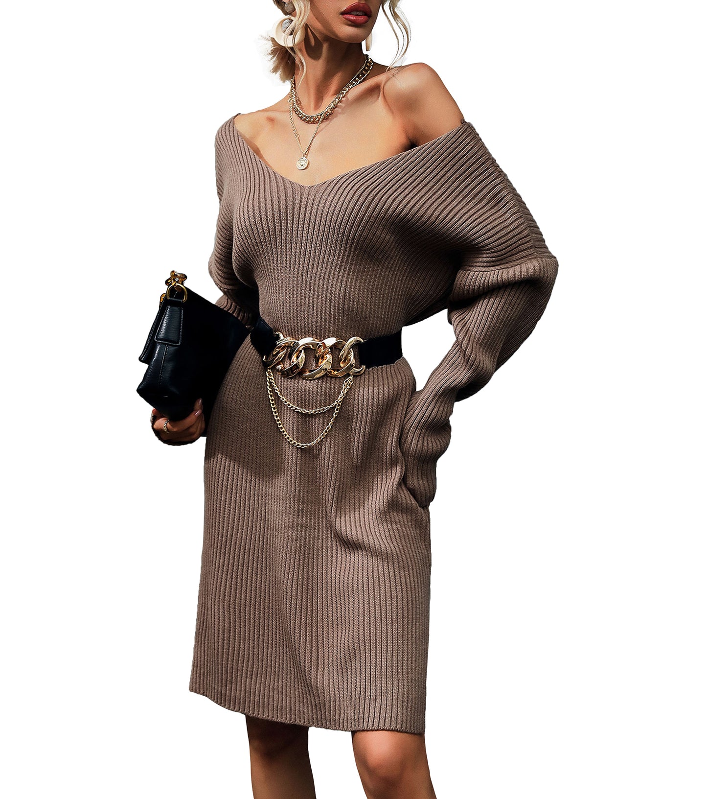 Women Spring Fall Dresses, Pullover Ribbed Knit Sexy V Neck Sweater Dress, Wedding Guest Slit Party Bodycon Dress