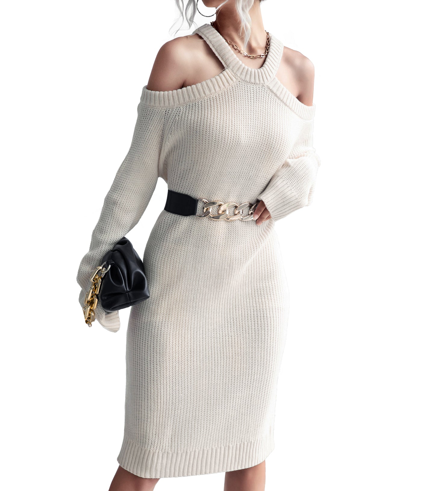 Women Winter Dresses, Pullover Ribbed Knit Halter Neck Sweater Dress, Casual Wedding Guest Cocktail Party Midi Dress