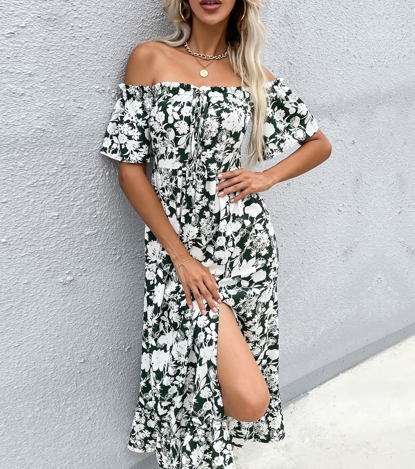 Women Summer Dresses, Floral Off The Shoulder Sundress, Wedding Guest Party Short Sleeve Prom Midi Split Dress