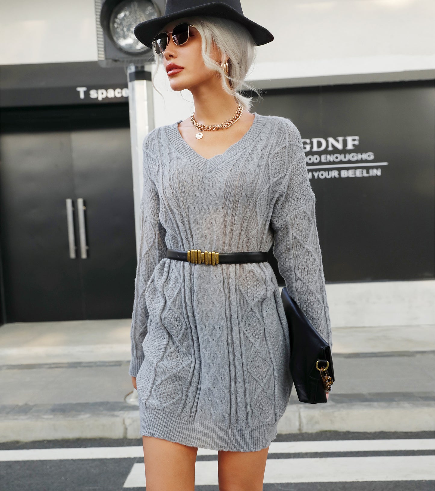 Women Spring Fall Dresses, Sexy V Neck Pullover Sweater Dress, Casual Wedding Guest Party Bodycon Dress