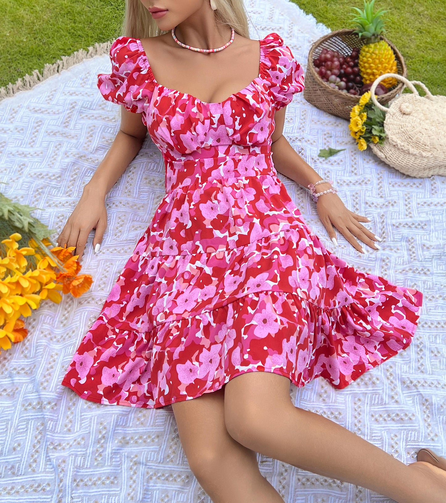 Women Summer Dresses, Floral Sweetheart Neckline Sundress, Wedding Guest Cocktail Party Bodycon Puff Sleeve Dress