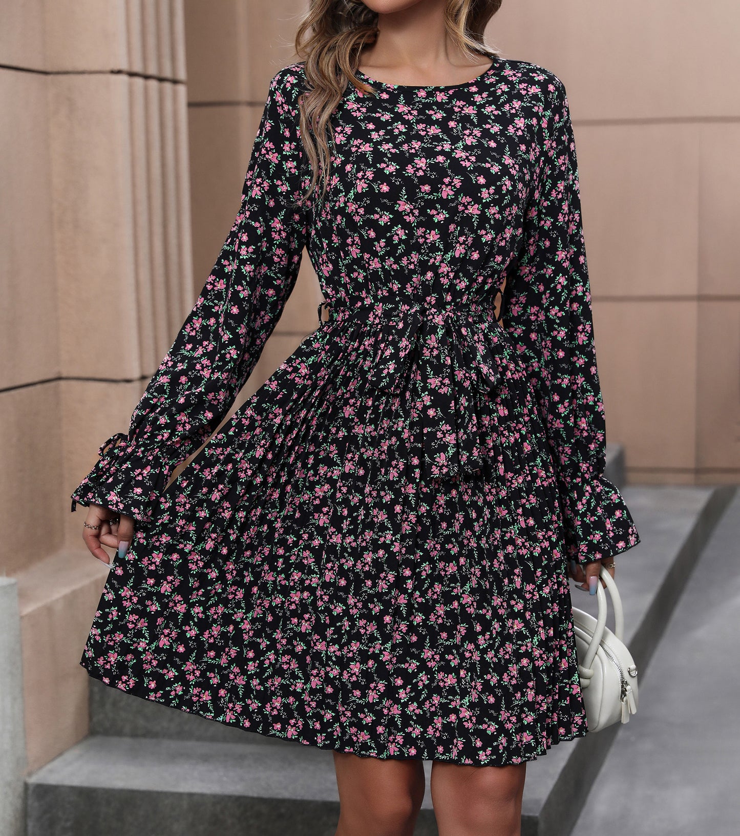 Women Spring Fall Long Sleeve Dresses, Floral Crewneck Midi Dress, Wedding Boho Guest Party Flowy Bodycon Dress