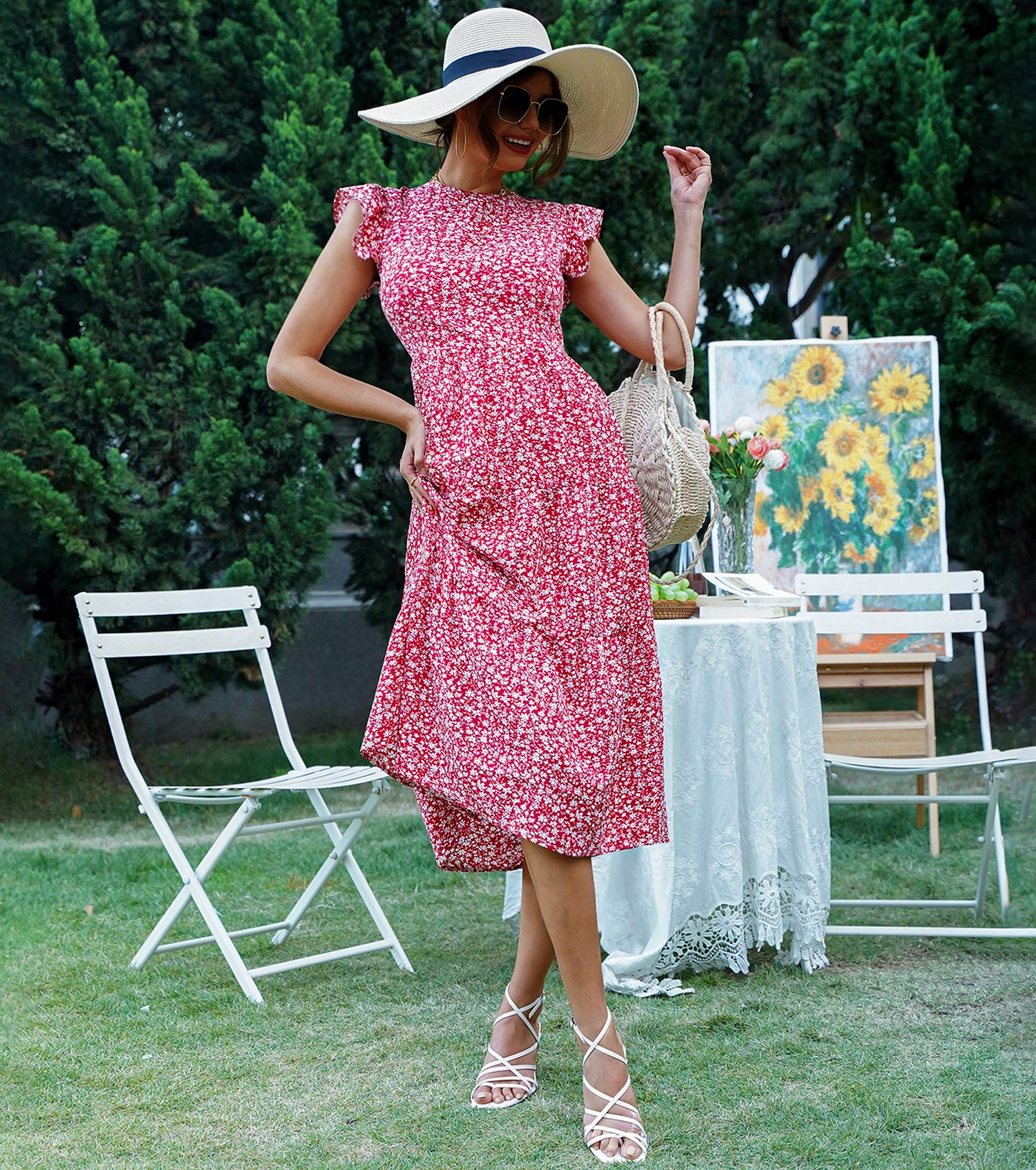 Women Spring Summer Dresses, Floral Crew Neck Ruffle Sleeve Sundress, Holiday Party Long Tiered Dress