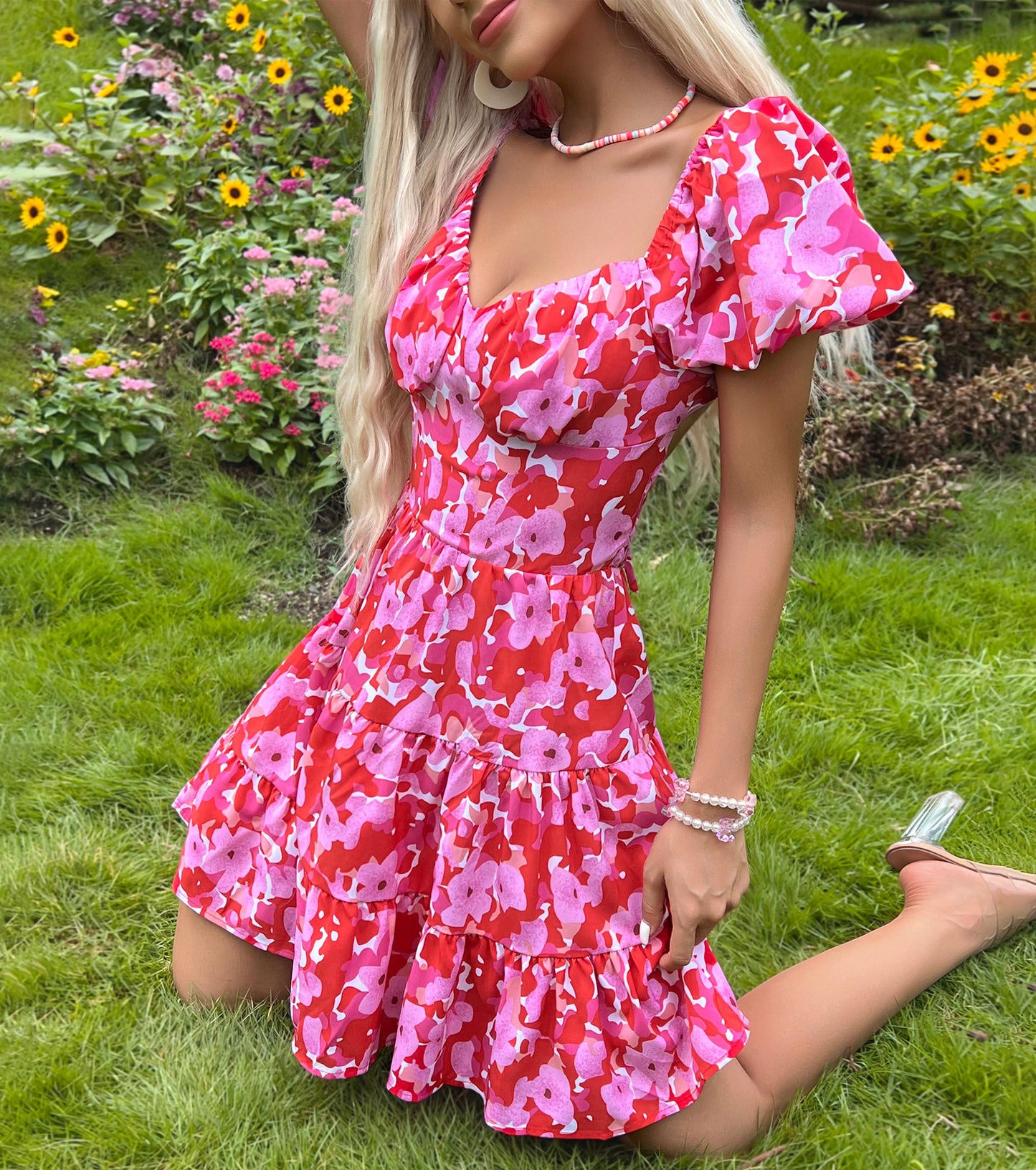 Women Summer Dresses, Floral Sweetheart Neckline Sundress, Wedding Guest Cocktail Party Bodycon Puff Sleeve Dress
