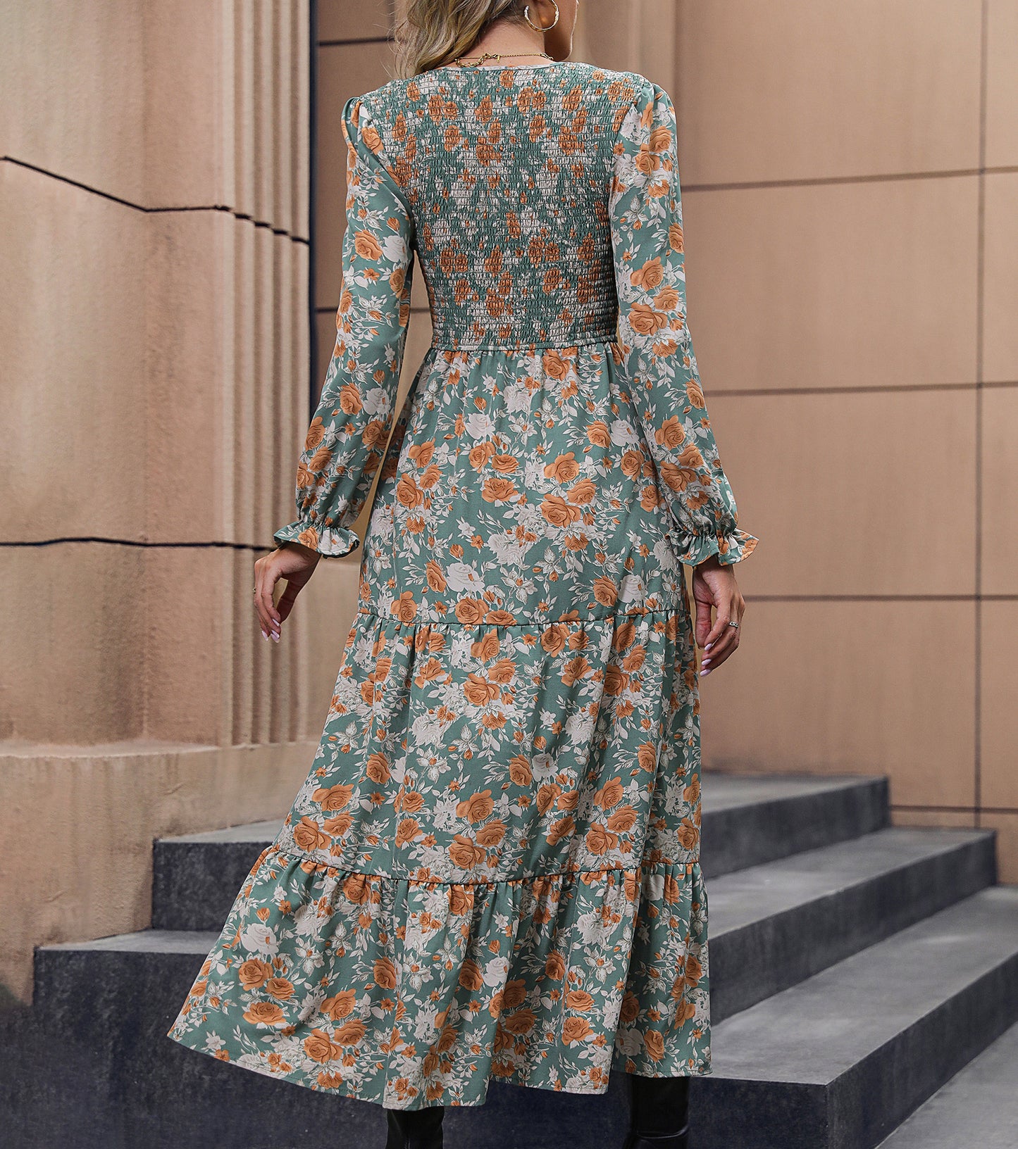 Women Spring Fall Long Dresses, Casual Floral Sexy V Neck Maxi Dress, Wedding Guest Party Engagement Bodycon Dress
