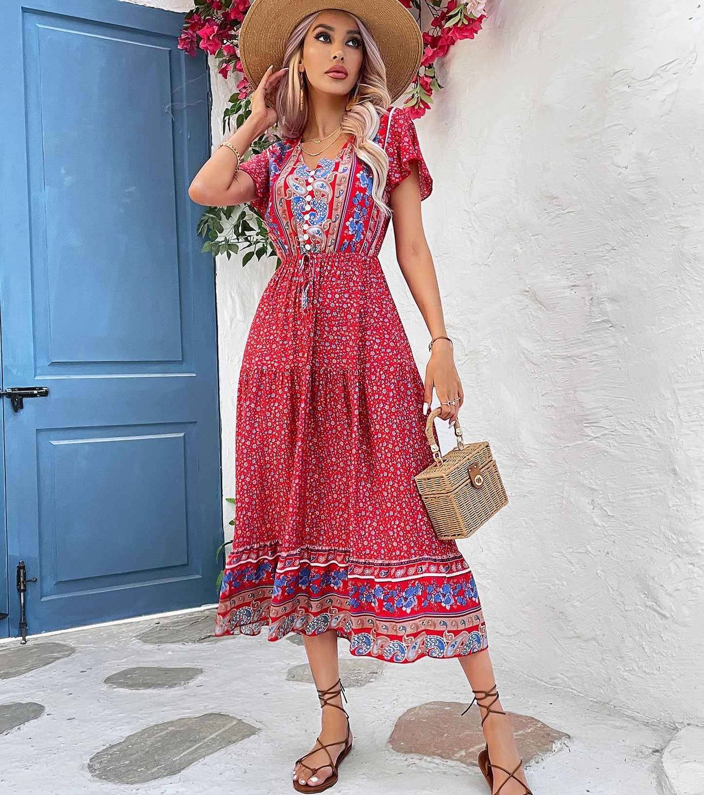 Women Summer Boho Dresses, Floral V Neck Corset Sundress, Wedding Guest Party Short Sleeve Prom Midi Dress