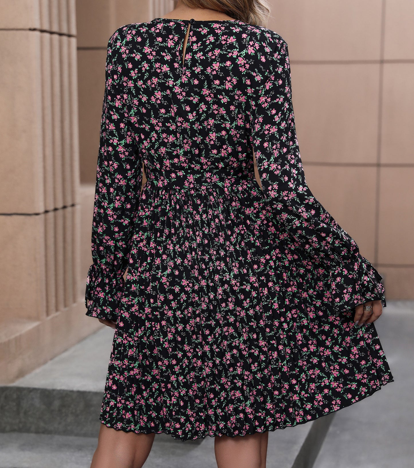 Women Spring Fall Long Sleeve Dresses, Floral Crewneck Midi Dress, Wedding Boho Guest Party Flowy Bodycon Dress