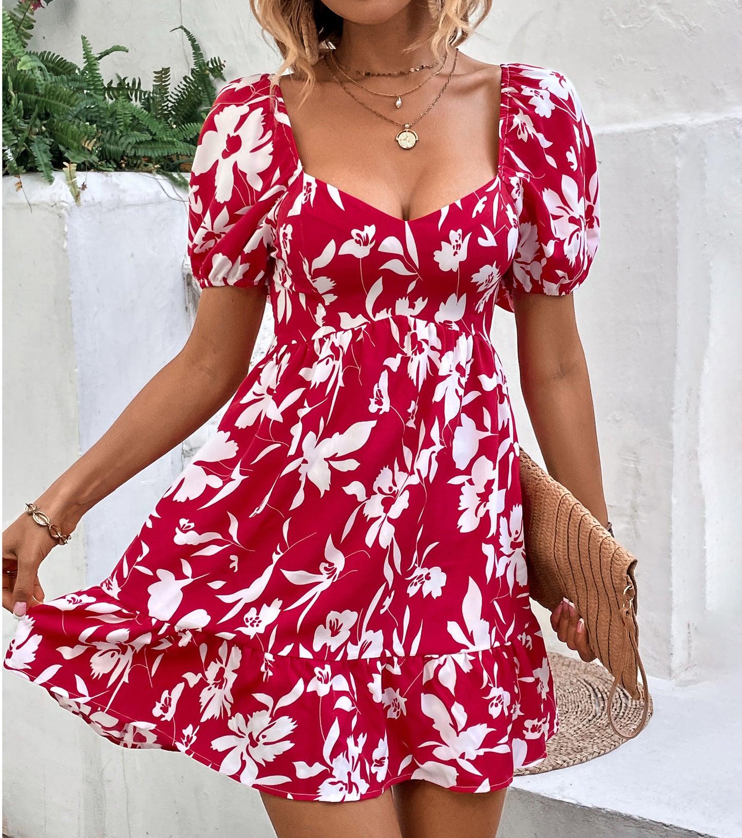 Women Summer Dresses, Floral Sweetheart Neckline Sundress, Wedding Guest Party Puff Sleeve Backless Dress