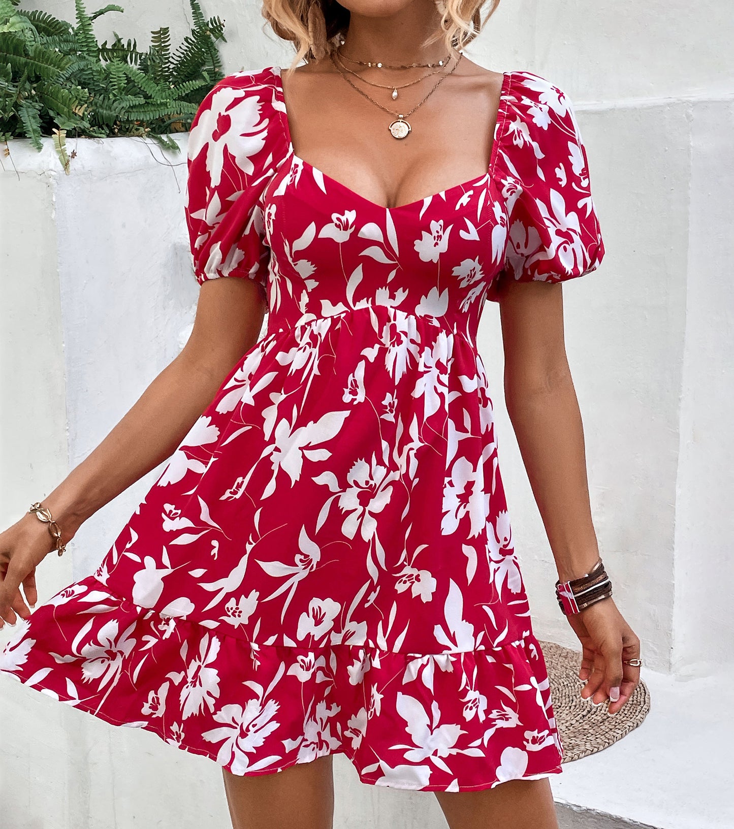 Women Summer Dresses, Floral Sweetheart Neckline Sundress, Wedding Guest Party Puff Sleeve Backless Dress