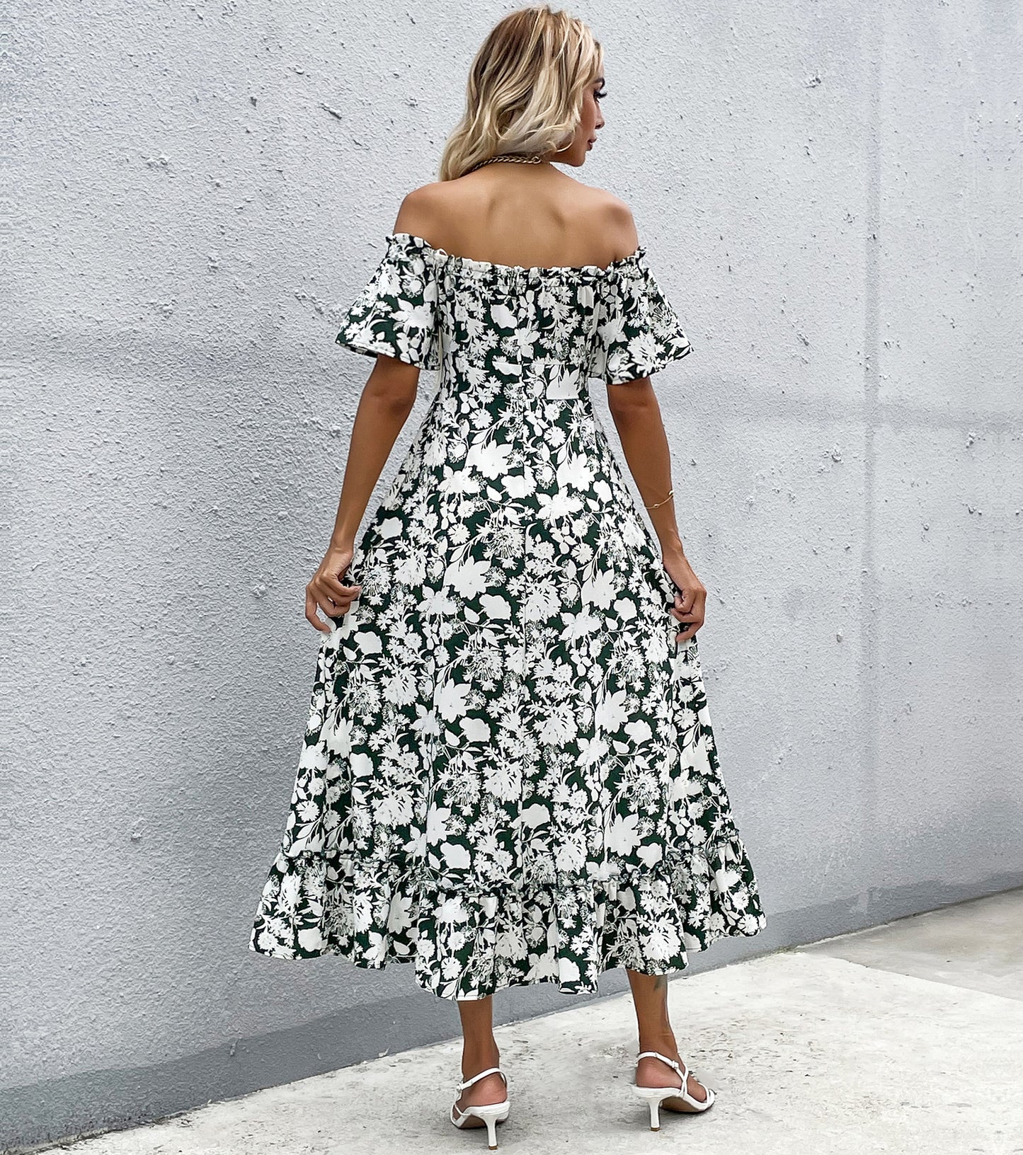 Women Summer Dresses, Floral Off The Shoulder Sundress, Wedding Guest Party Short Sleeve Prom Midi Split Dress