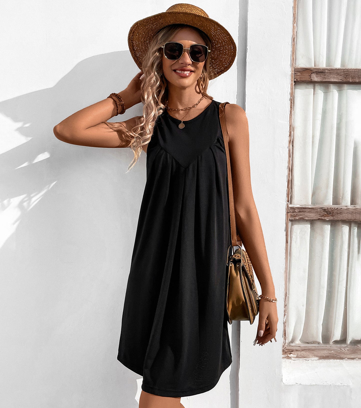 Women Spring Summer Tank Dresses, Crew Neck Sleeveless Petite Sundress, Holiday Party Beach Short Dress
