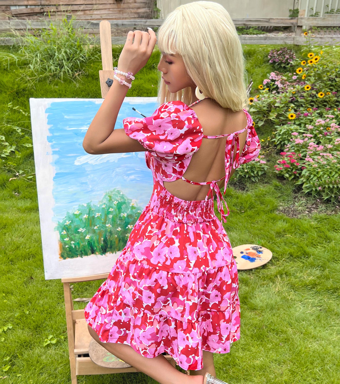 Women Summer Dresses, Floral Sweetheart Neckline Sundress, Wedding Guest Cocktail Party Bodycon Puff Sleeve Dress