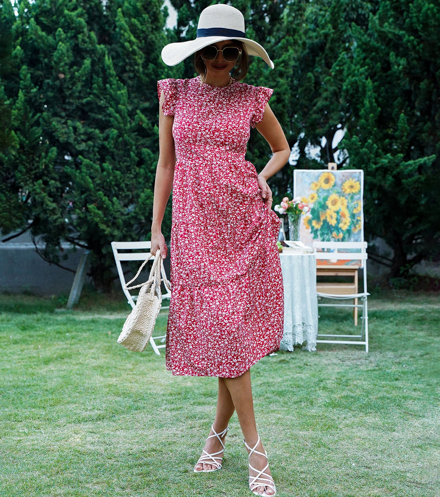 Women Spring Summer Dresses, Floral Crew Neck Ruffle Sleeve Sundress, Holiday Party Long Tiered Dress