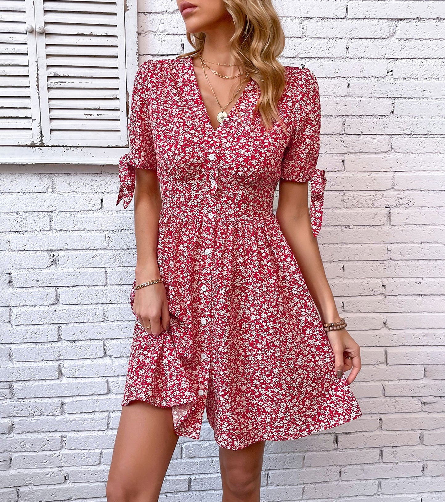 Women Summer Dresses, Floral V Neck Sundress, Wedding Guest Cocktail Party Bodycon Short Sleeve Prom Dress