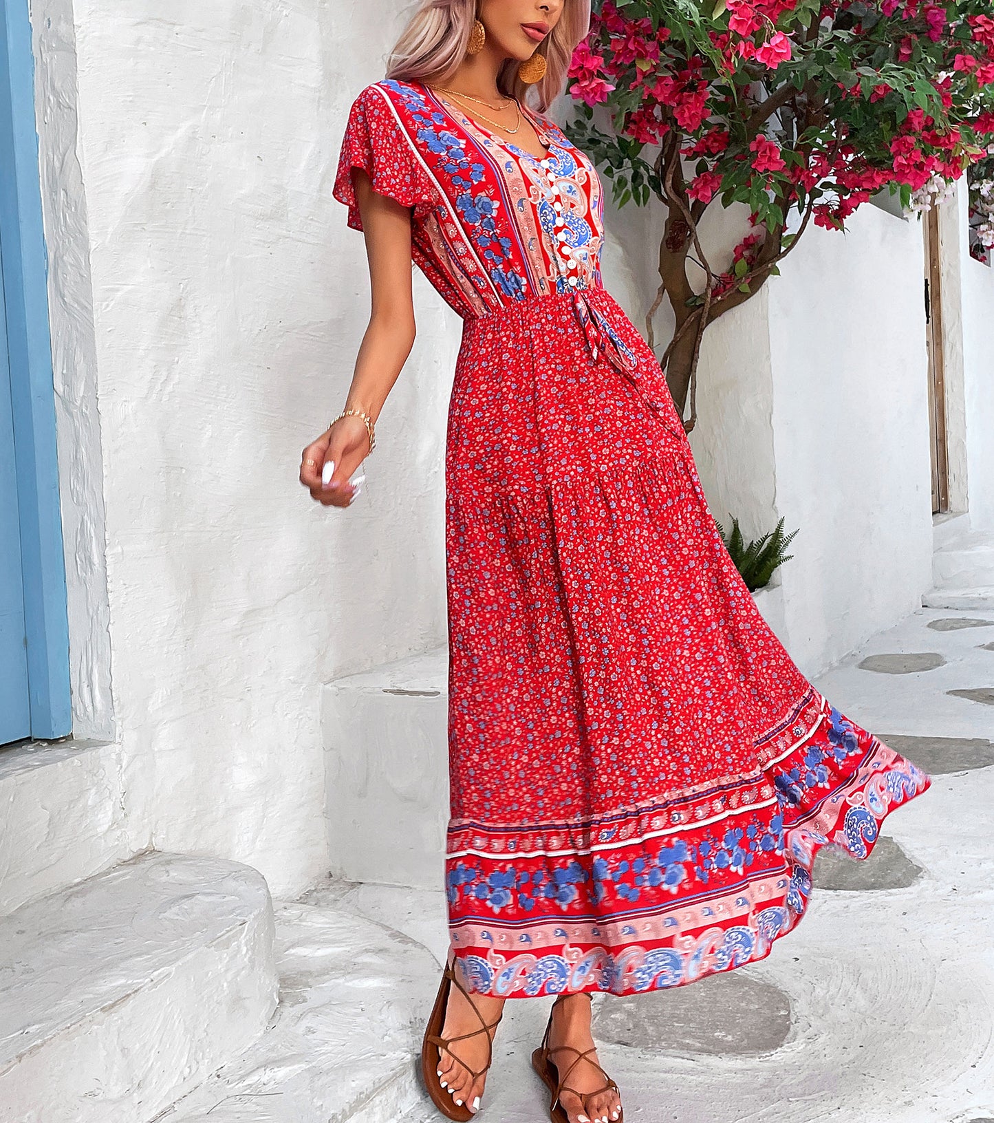 Women Summer Boho Dresses, Floral V Neck Corset Sundress, Wedding Guest Party Short Sleeve Prom Midi Dress