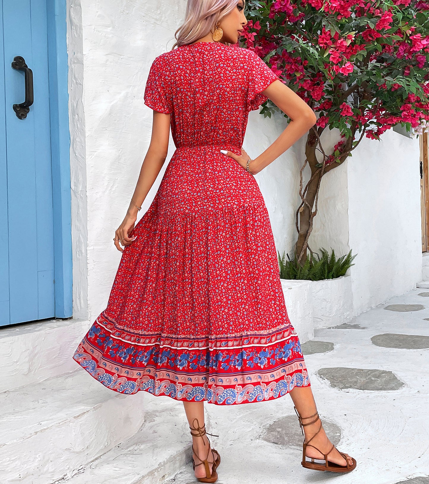 Women Summer Boho Dresses, Floral V Neck Corset Sundress, Wedding Guest Party Short Sleeve Prom Midi Dress