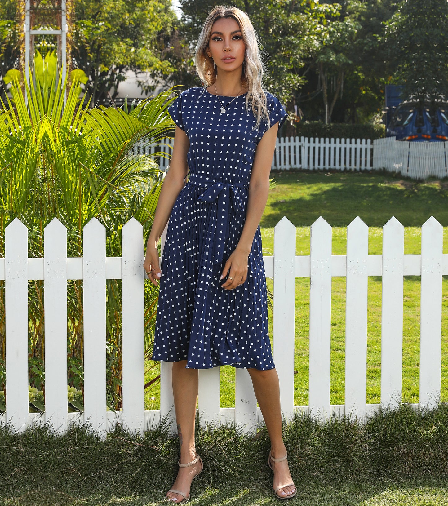 Women Spring Summer Dresses, Smocked Crew Neck Cap Sleeve Sundress, Holiday Party Midi Dress
