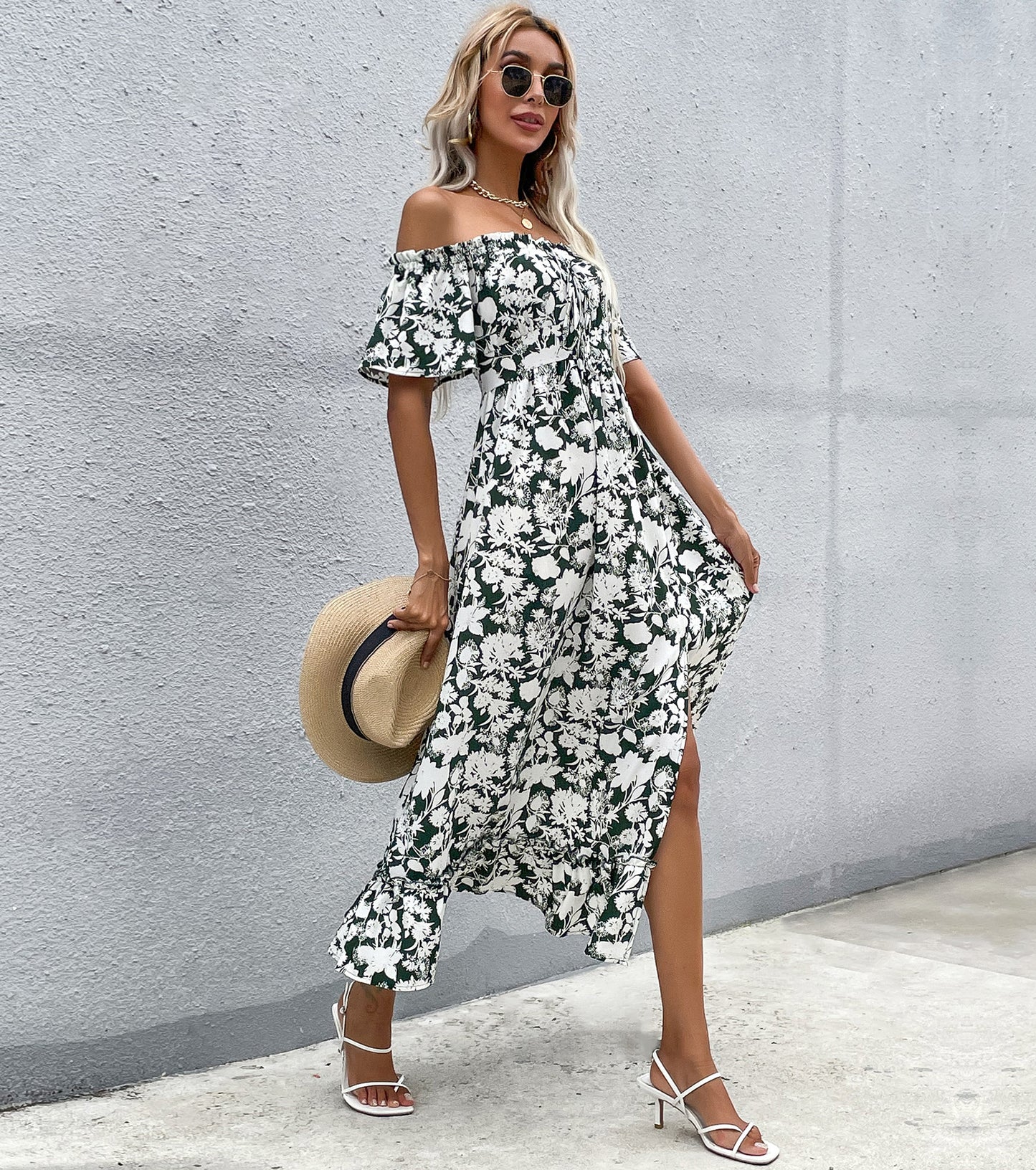 Women Summer Dresses, Floral Off The Shoulder Sundress, Wedding Guest Party Short Sleeve Prom Midi Split Dress
