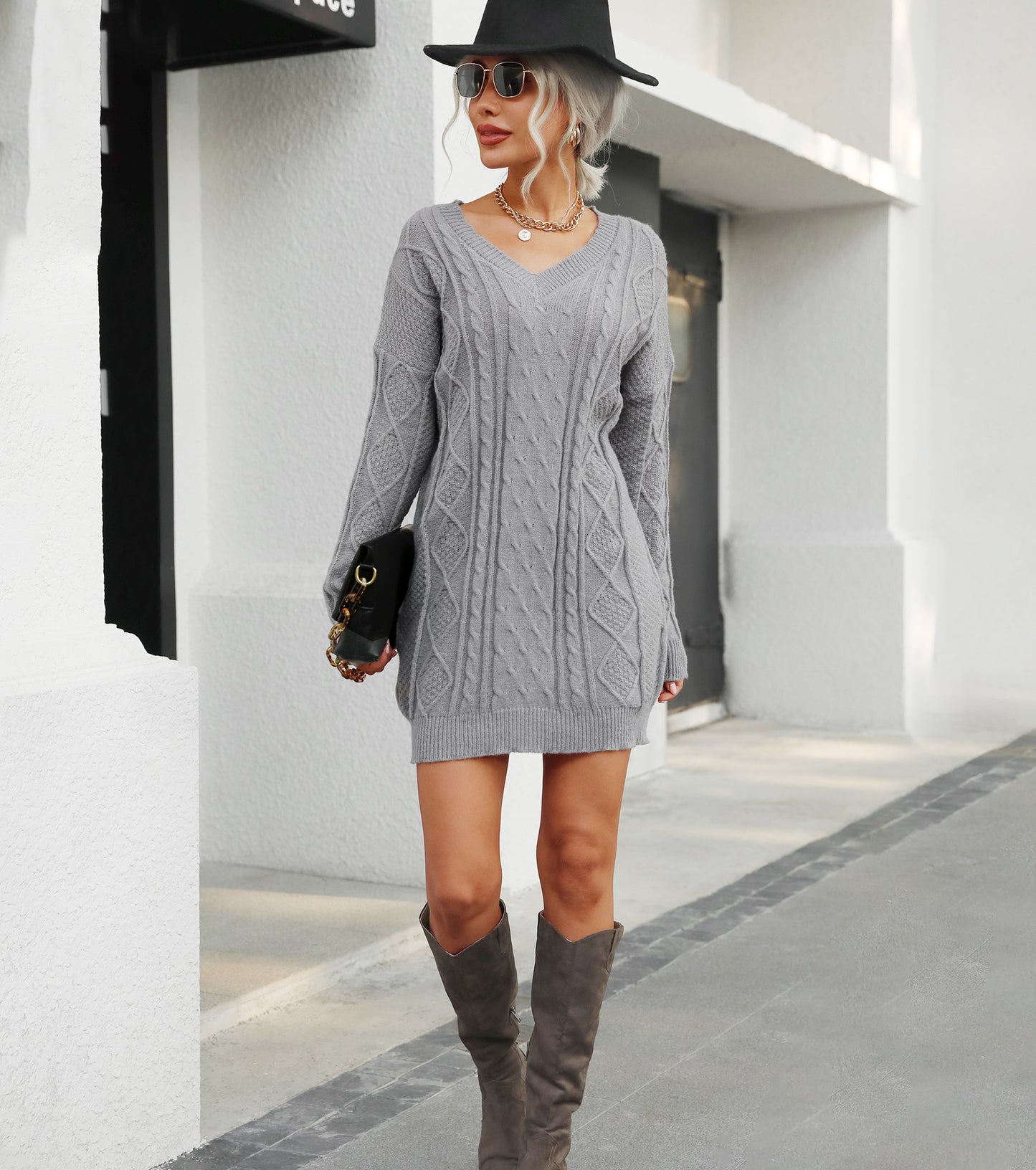 Women Spring Fall Dresses, Sexy V Neck Pullover Sweater Dress, Casual Wedding Guest Party Bodycon Dress