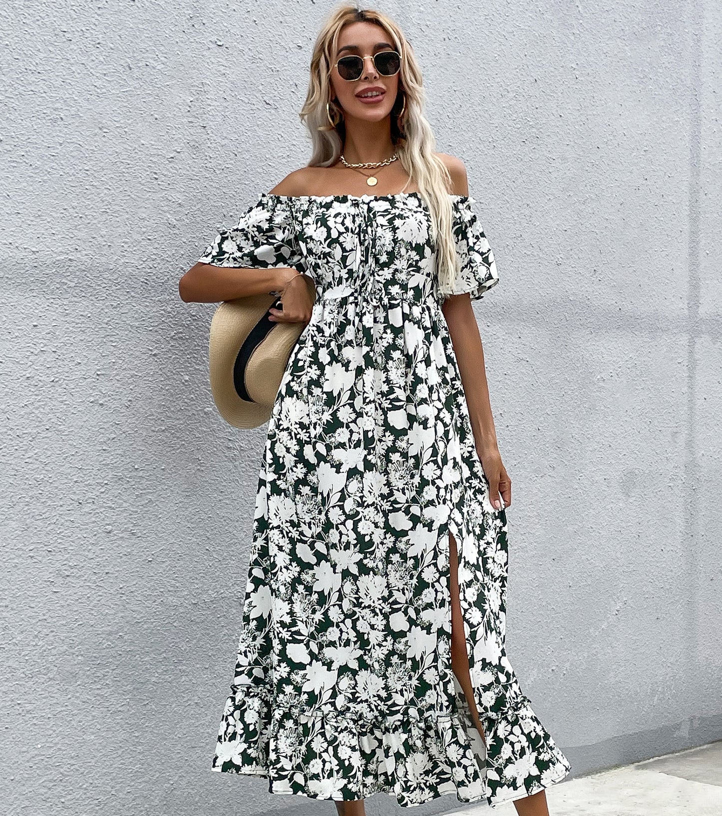 Women Summer Dresses, Floral Off The Shoulder Sundress, Wedding Guest Party Short Sleeve Prom Midi Split Dress