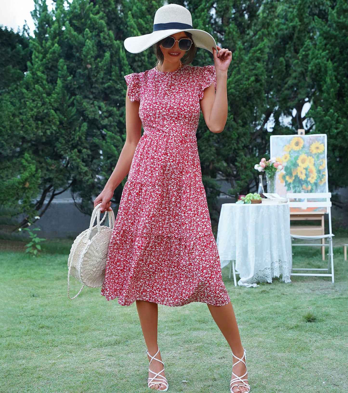 Women Spring Summer Dresses, Floral Crew Neck Ruffle Sleeve Sundress, Holiday Party Long Tiered Dress