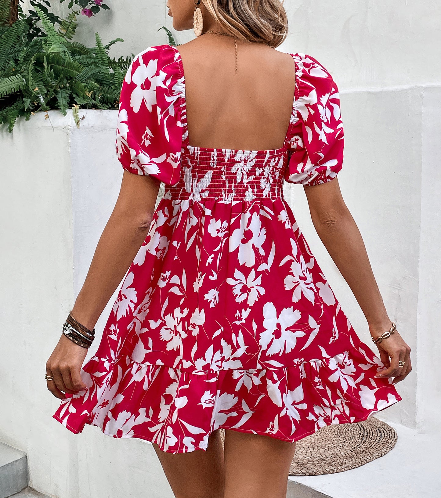 Women Summer Dresses, Floral Sweetheart Neckline Sundress, Wedding Guest Party Puff Sleeve Backless Dress