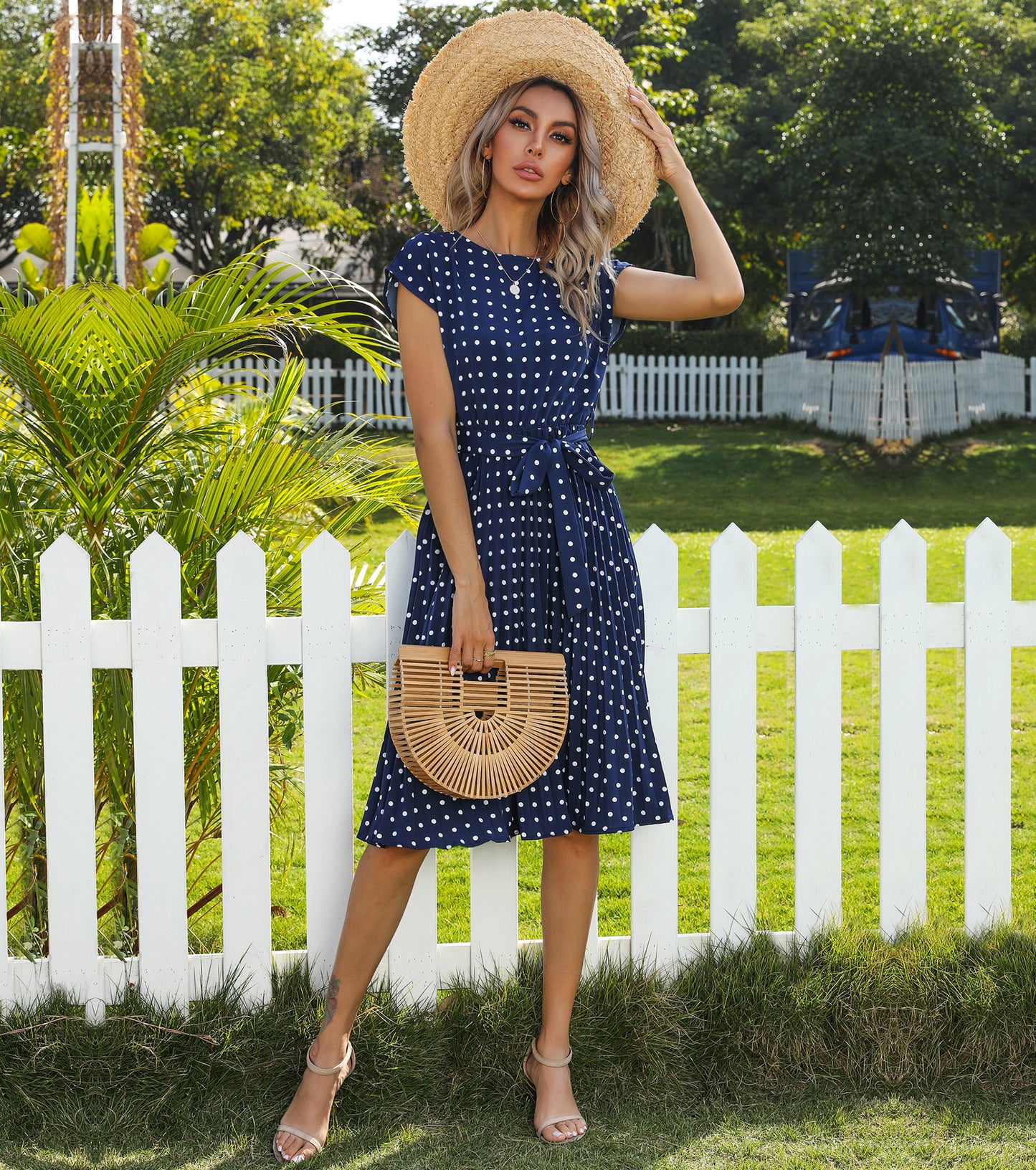 Women Spring Summer Dresses, Smocked Crew Neck Cap Sleeve Sundress, Holiday Party Midi Dress