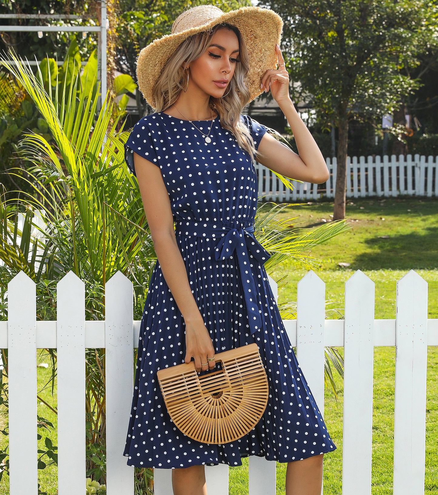 Women Spring Summer Dresses, Smocked Crew Neck Cap Sleeve Sundress, Holiday Party Midi Dress