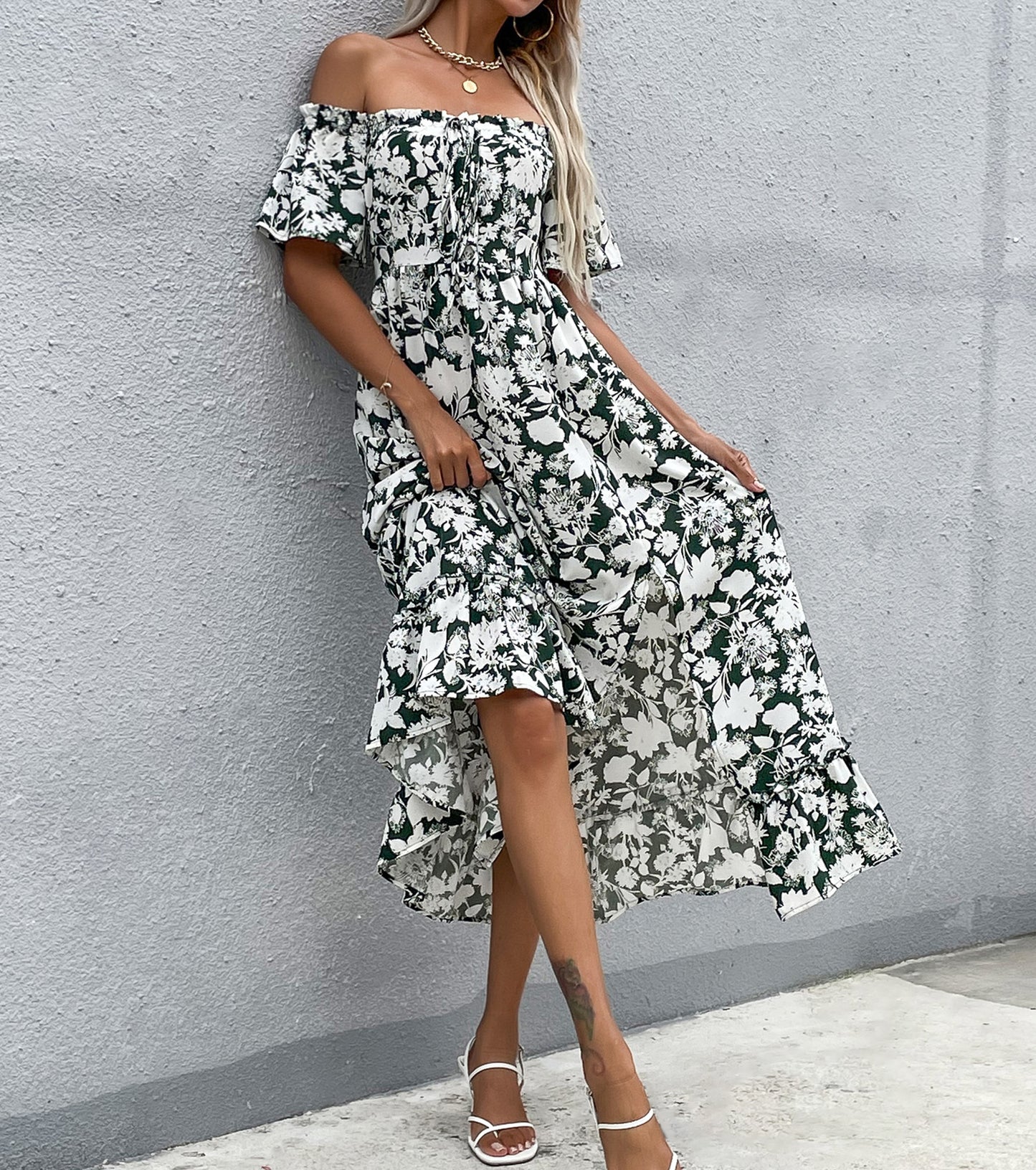 Women Summer Dresses, Floral Off The Shoulder Sundress, Wedding Guest Party Short Sleeve Prom Midi Split Dress