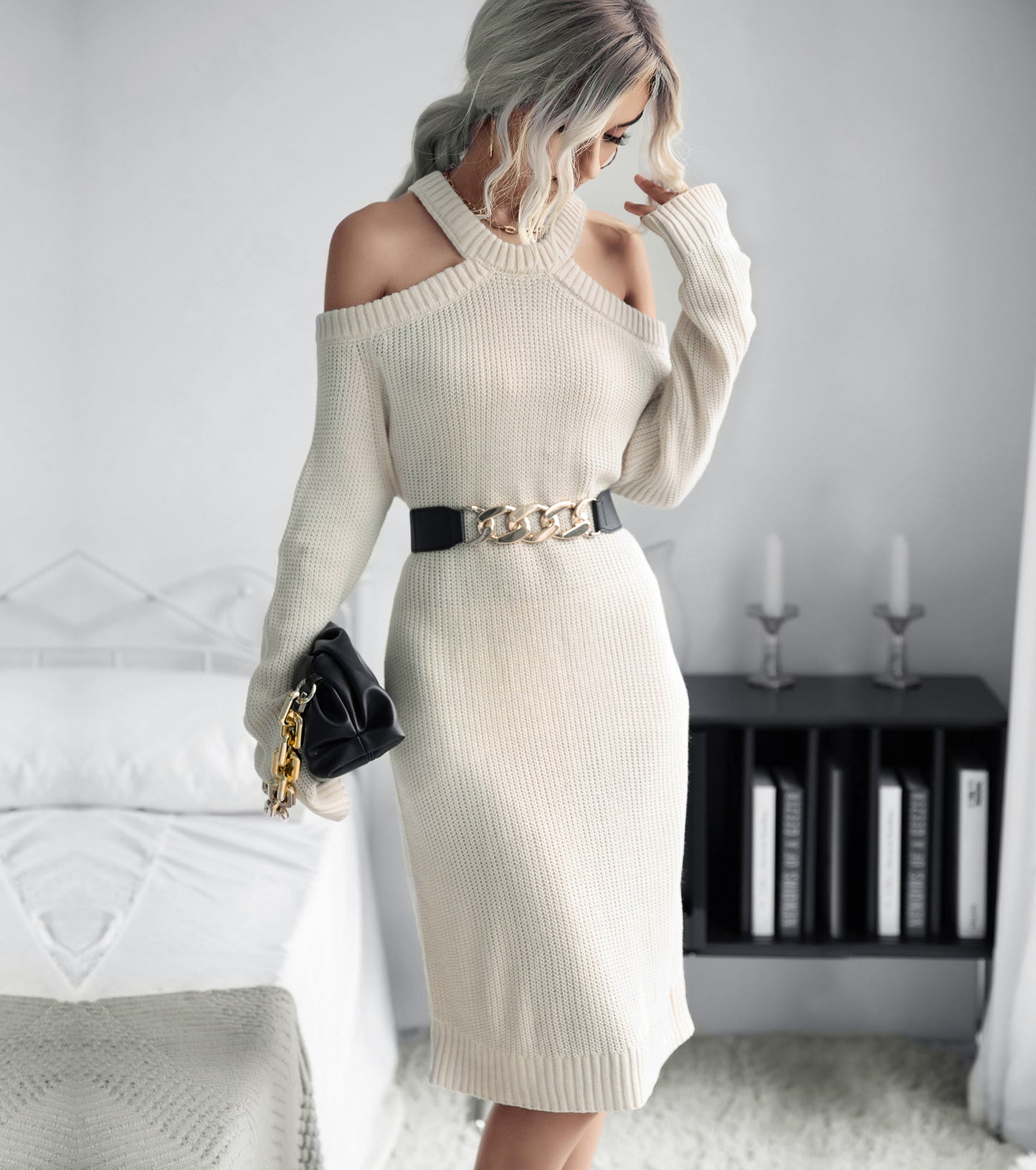 Women Winter Dresses, Pullover Ribbed Knit Halter Neck Sweater Dress, Casual Wedding Guest Cocktail Party Midi Dress