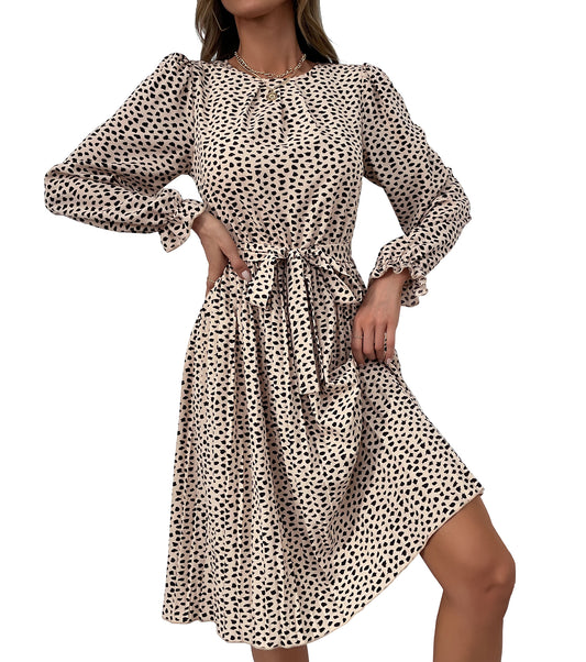 Women Summer Fall Dresses, Smocked Crew Neck Wrap Dress, Wedding Guest Cocktail Party Midi Dress