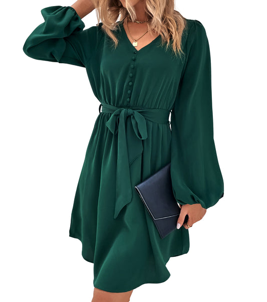 Womens Spring Fall Dresses, V Neck Long Sleeve Midi Dress, Boutique Wedding Guest Party Smocked Dress