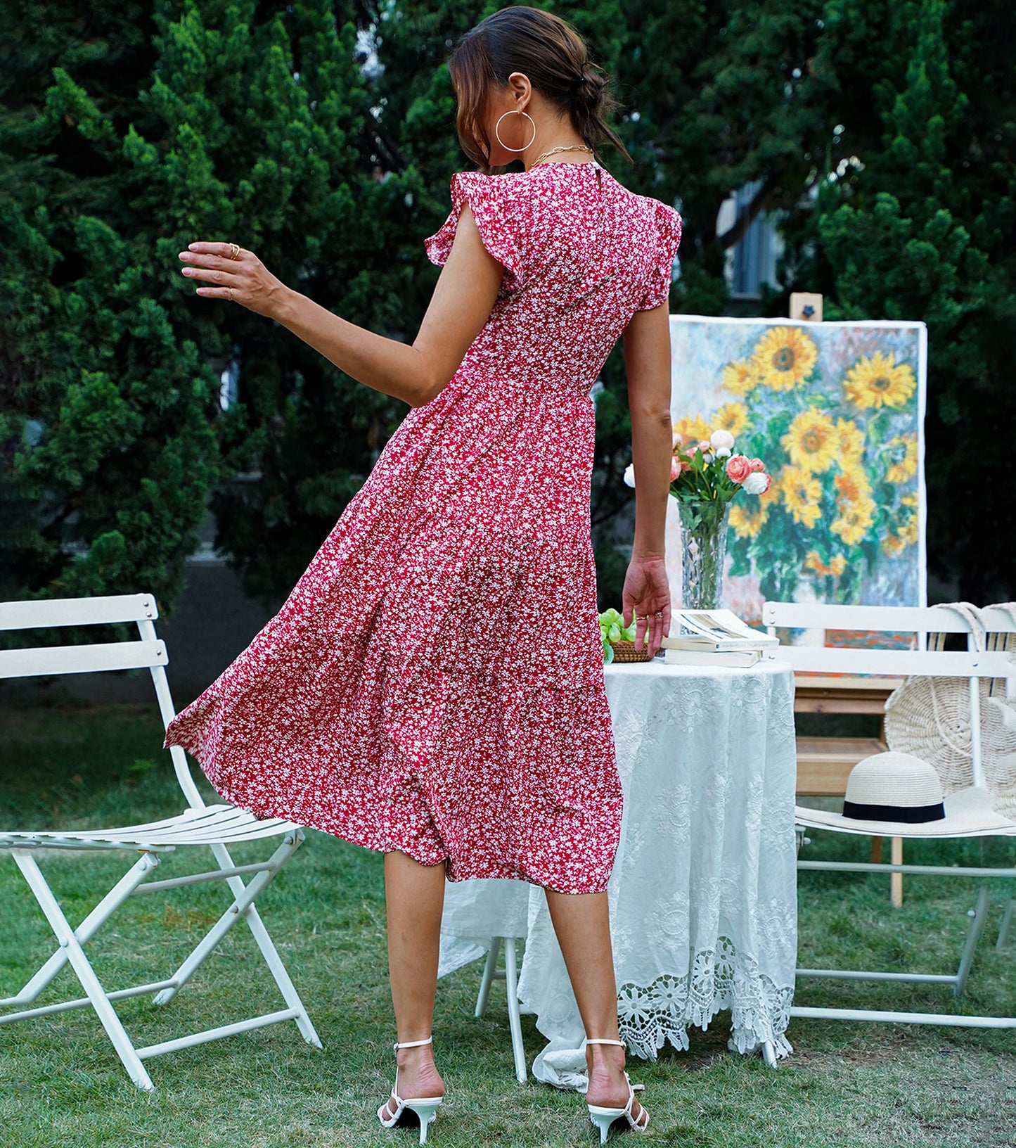 Women Spring Summer Dresses, Floral Crew Neck Ruffle Sleeve Sundress, Holiday Party Long Tiered Dress