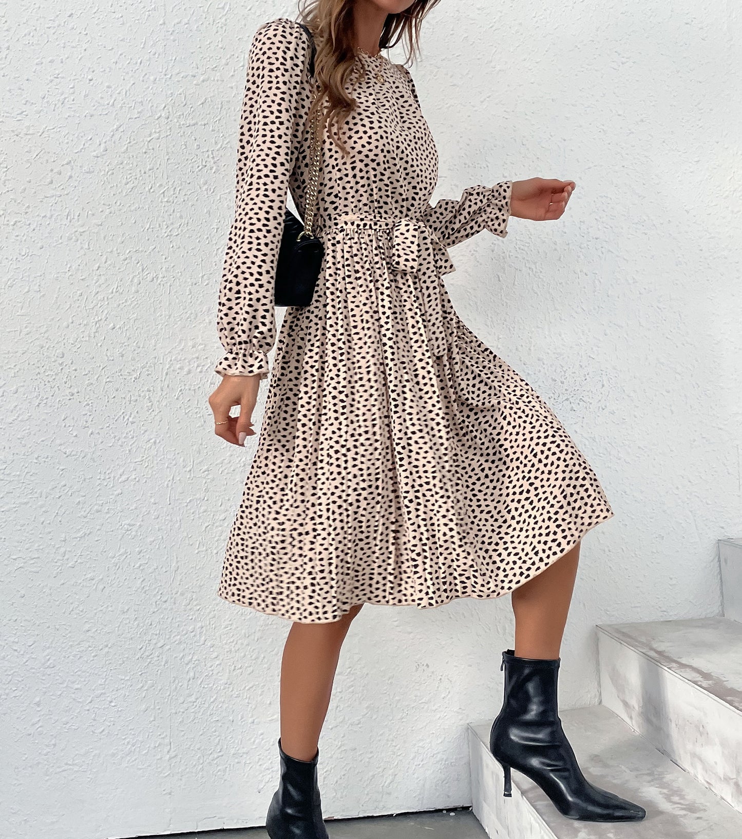 Women Summer Fall Dresses, Smocked Crew Neck Wrap Dress, Wedding Guest Cocktail Party Midi Dress