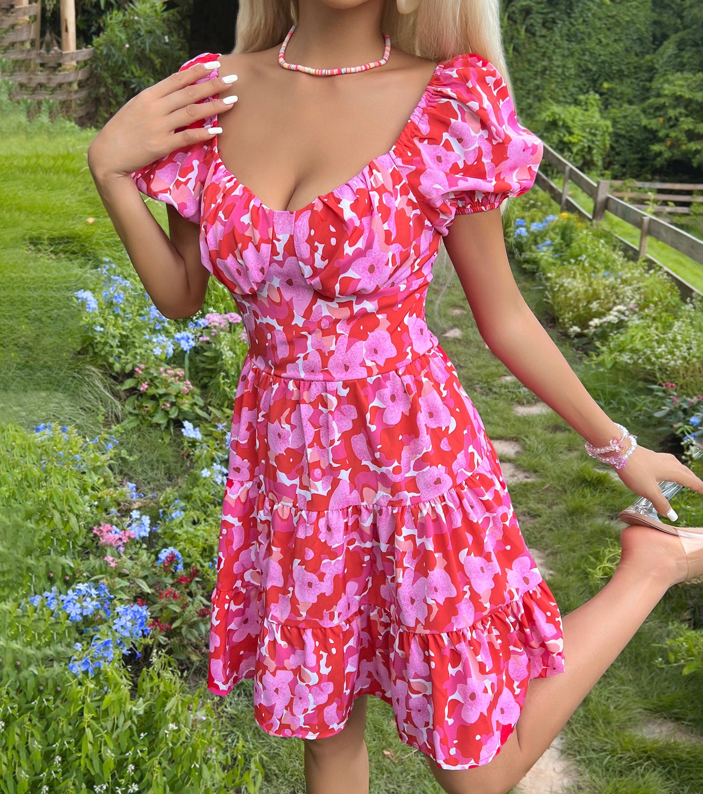 Women Summer Dresses, Floral Sweetheart Neckline Sundress, Wedding Guest Cocktail Party Bodycon Puff Sleeve Dress