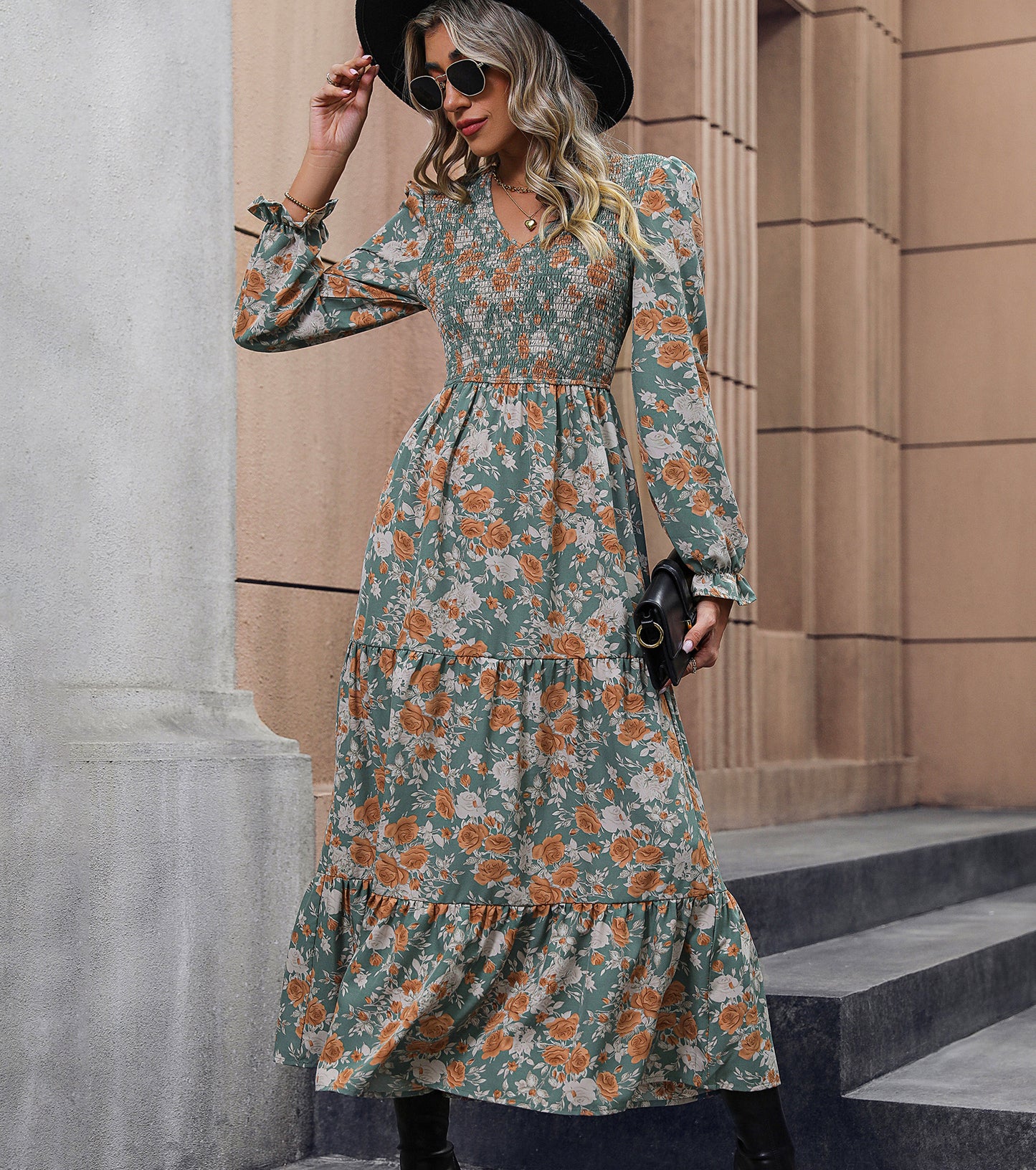 Women Spring Fall Long Dresses, Casual Floral Sexy V Neck Maxi Dress, Wedding Guest Party Engagement Bodycon Dress