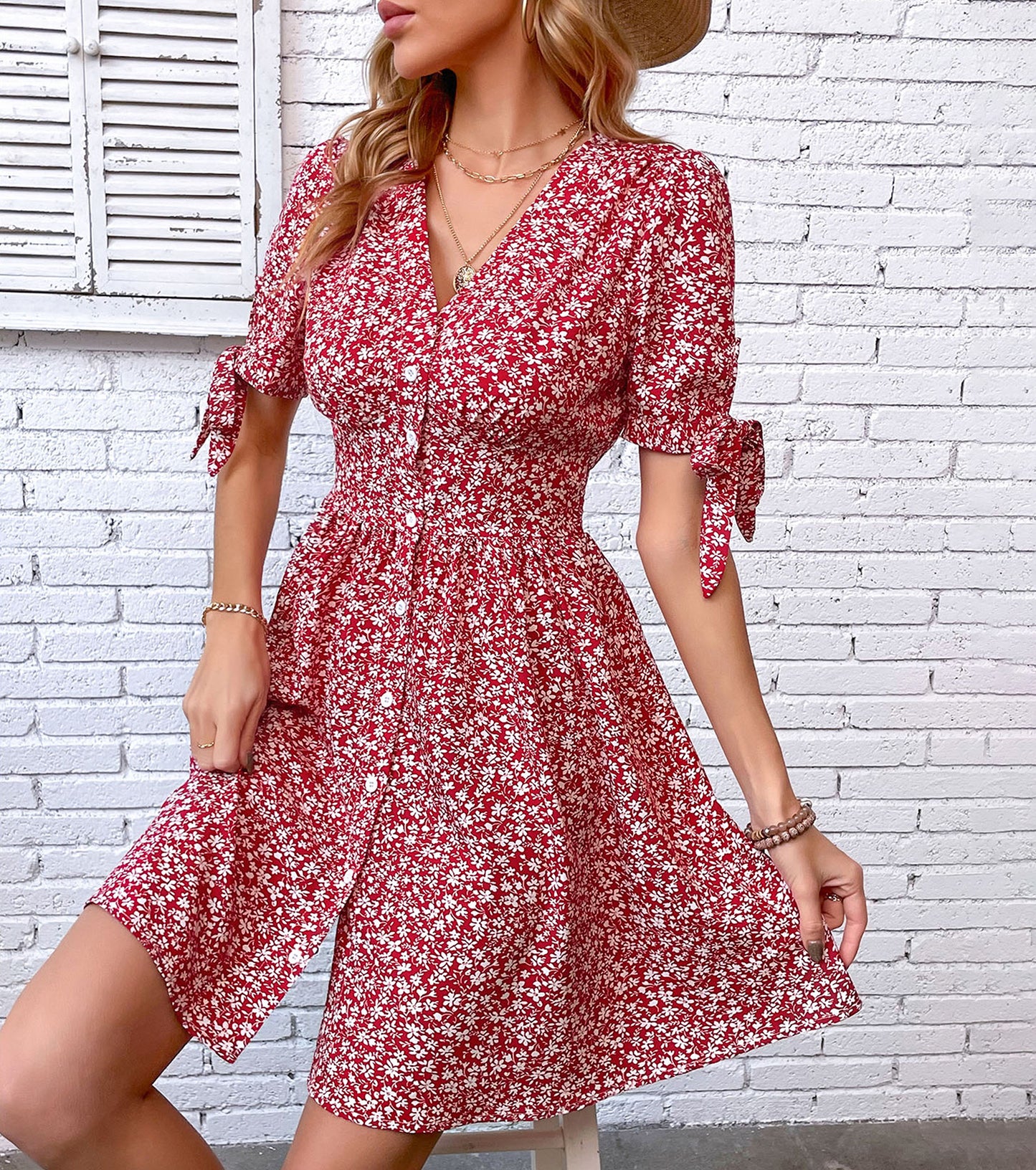 Women Summer Dresses, Floral V Neck Sundress, Wedding Guest Cocktail Party Bodycon Short Sleeve Prom Dress