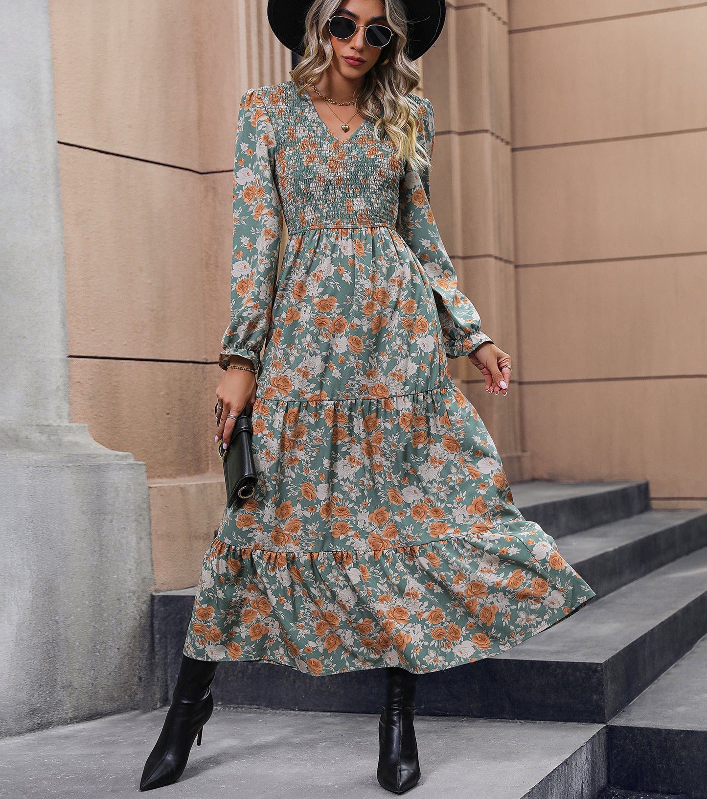 Women Spring Fall Long Dresses, Casual Floral Sexy V Neck Maxi Dress, Wedding Guest Party Engagement Bodycon Dress