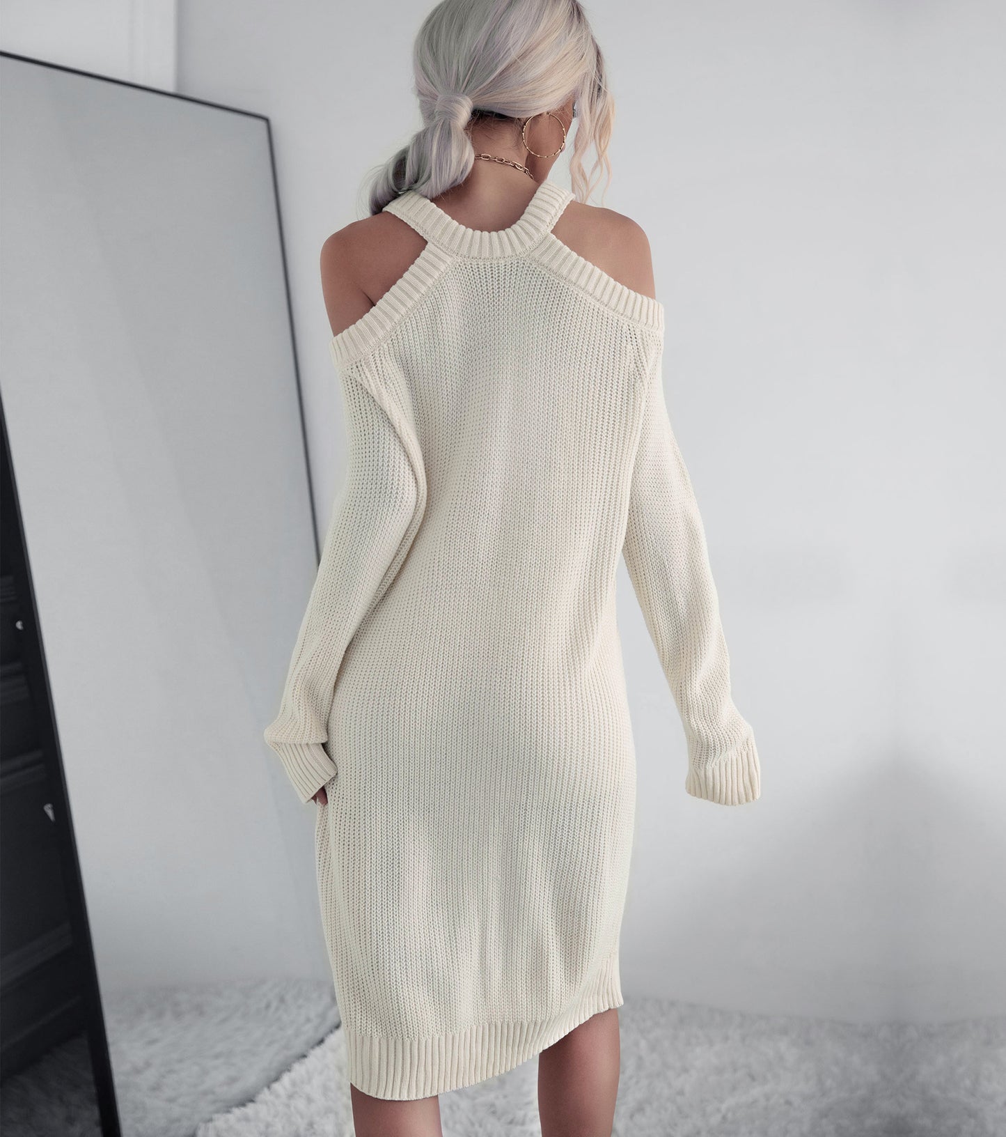 Women Winter Dresses, Pullover Ribbed Knit Halter Neck Sweater Dress, Casual Wedding Guest Cocktail Party Midi Dress